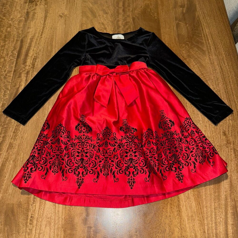 Rare Editions Girls Black Velvet & Red Satin Holiday Dress, Size 6X